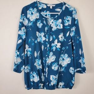 41 Hawthorn Teal Floral Blouse Womens Size M Lightweight Casual Office Colorful